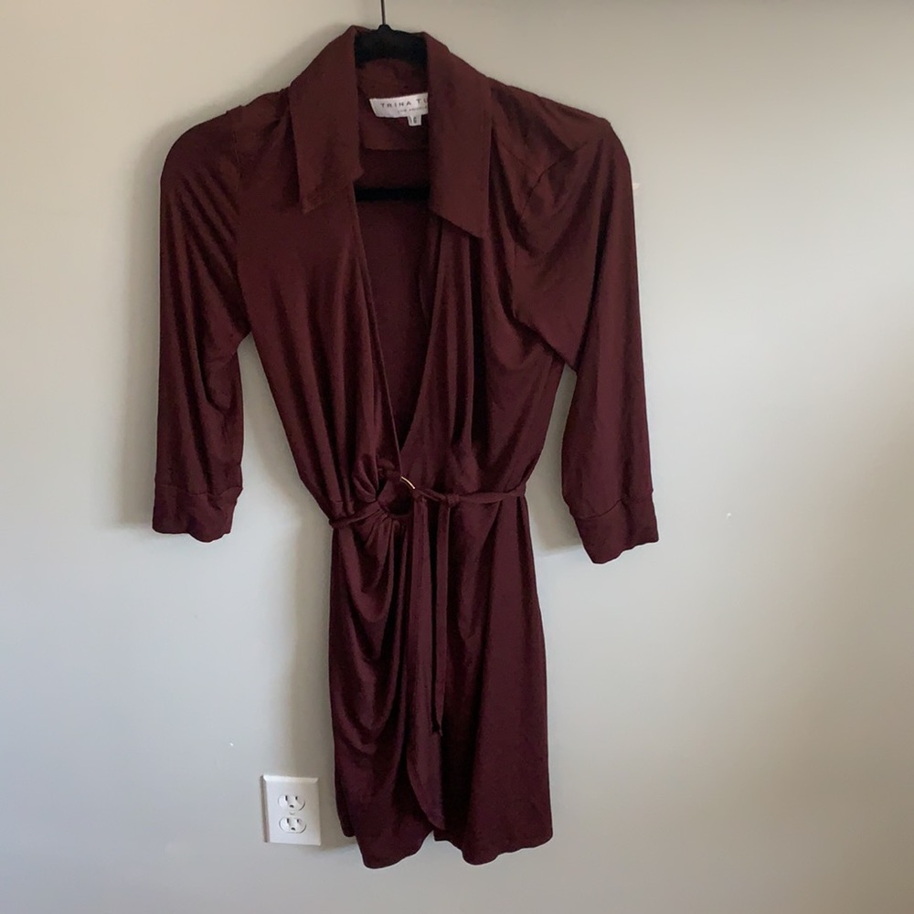 Trina Turk Wrap Jersey Mahalo Wrap Dress Maroon - Picture 2 of 7